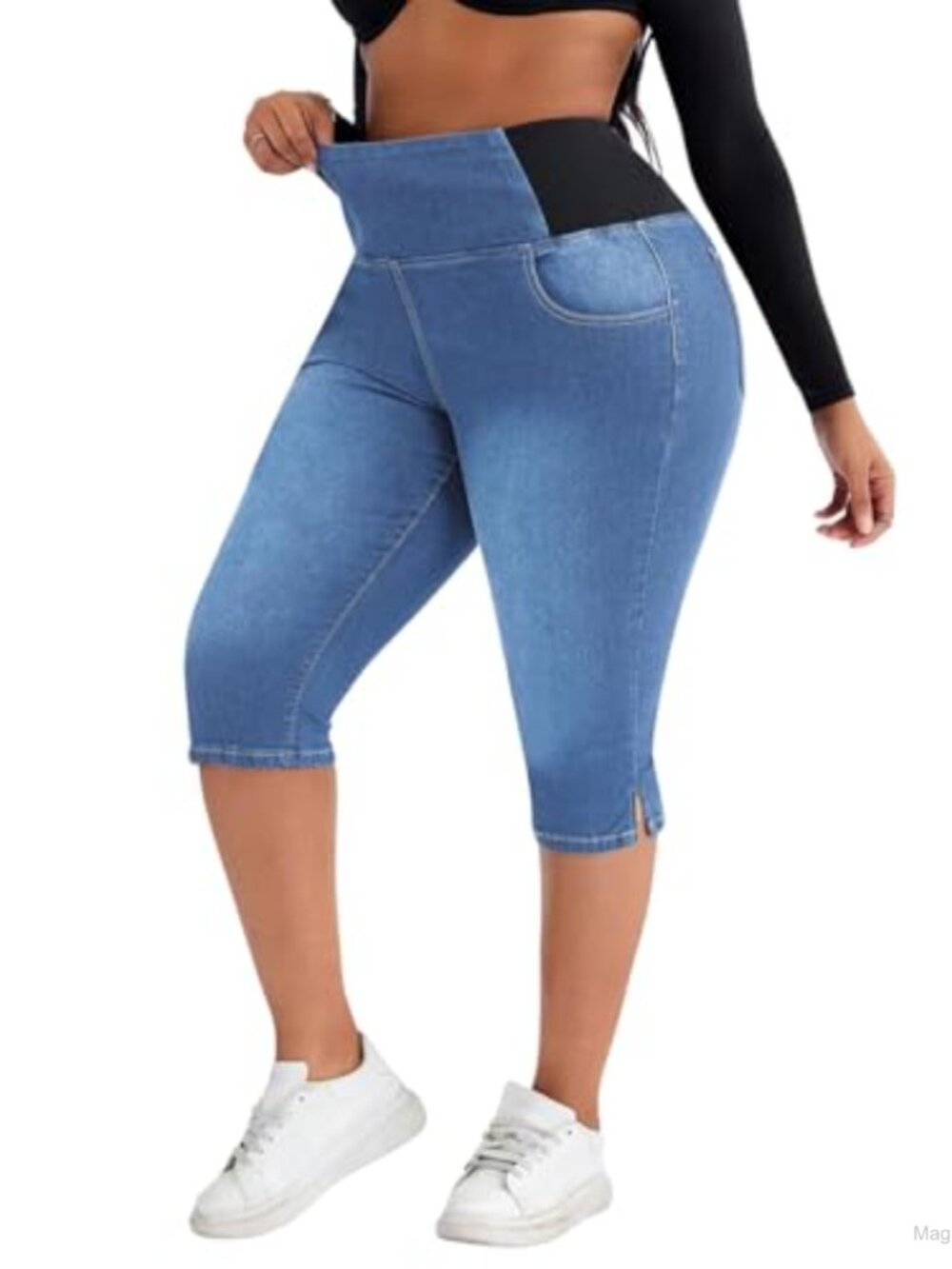 Plus Size High Waisted Capri Jeans Stretch Skinny Cropped Denim Pants Pockets
